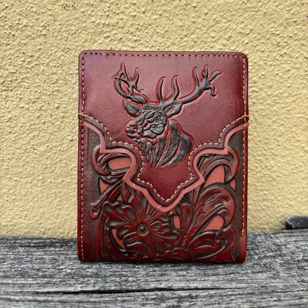 Embossed Buck Design Brown Leather Bifold Wallet with Brown Inlay